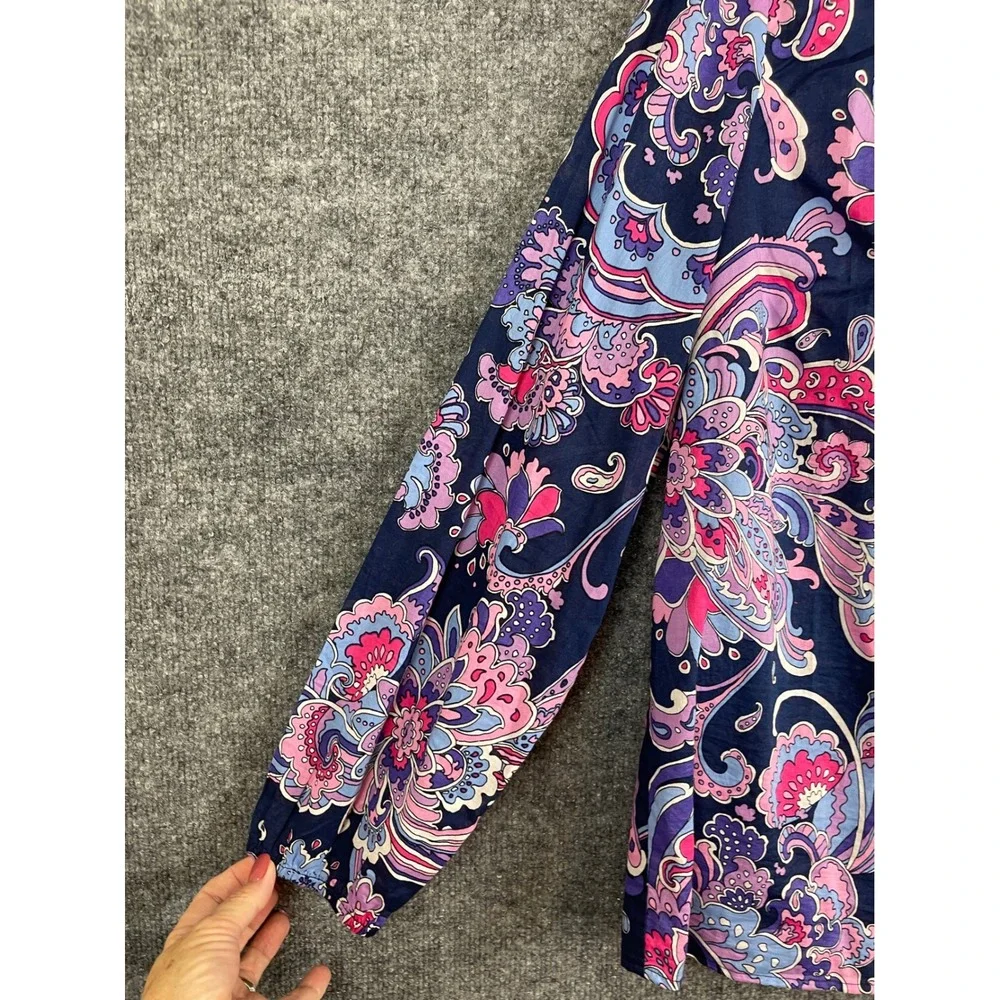 Talbots Blouse Women Medium Navy Pink Excellent Paisley Cotton Tie Neck Top - Picture 3 of 8